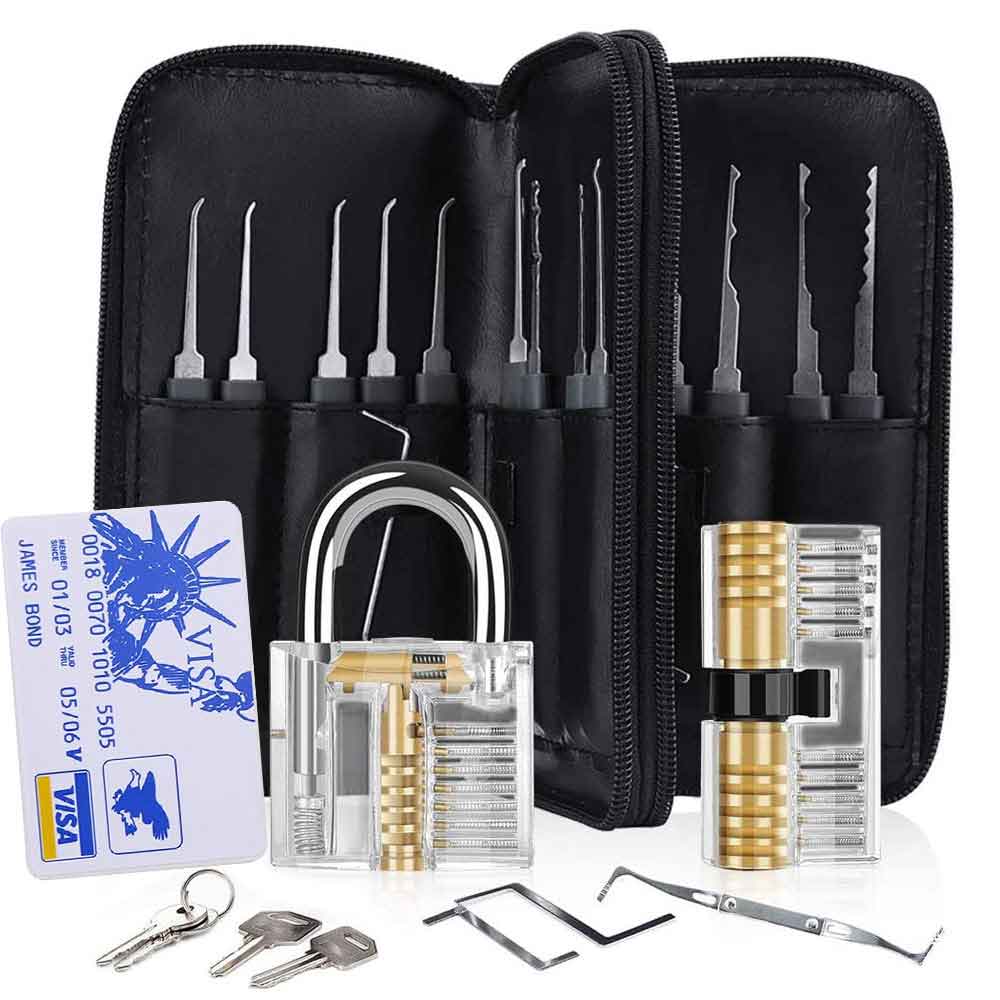 24 Pieces Lock Pick Tool Kit and 2 Transparent Practice Locks