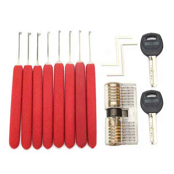 8 Pcs Red Handle Lock Pick Set with Transparent Practice Lock